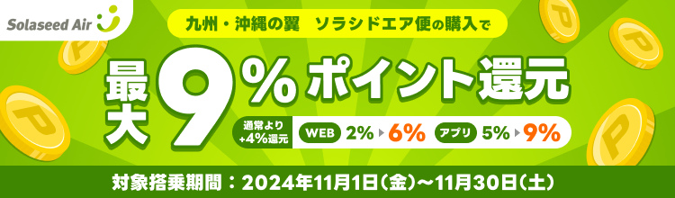 九州・沖縄の翼　ソラシドエア便の購入で最大ポイント9%還元