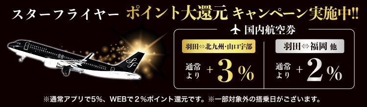 期間中、スターフライヤーなら2025/9/30までの搭乗分が通常の還元率より羽田=北九州・山口宇部で+3%、その他路線で+2%還元！国内航空券＋ホテルでもポイント還元中！