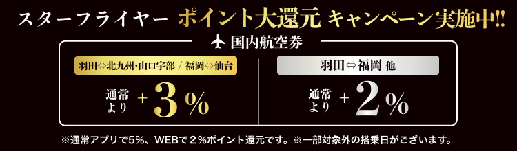 期間中、スターフライヤーなら2026/3/31までの搭乗分が通常の還元率より羽田=北九州・山口宇部で+3%、その他路線で+2%還元！国内航空券＋ホテルでもポイント還元中！