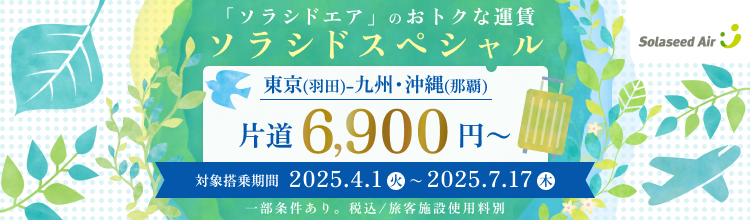 「ソラシドエア」のおトクな運賃ソラシドスペシャル
東京(羽田)-九州・沖縄(那覇)片道6,900円～